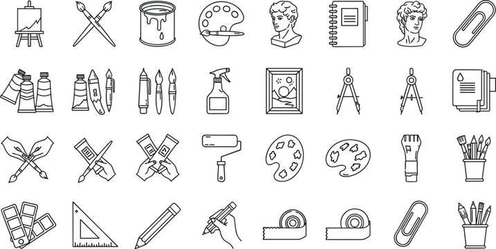 Art supply line icons collection featuring paint brushes palette easel sculpture bust and drawing tools vector illustration set