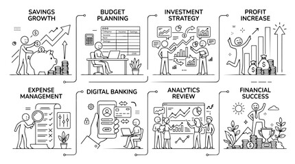 Obraz premium Financial Planning and Business Growth Line Art Illustration Set