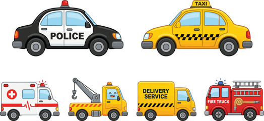 City Transport and Emergency Vehicle Vector Set Including Police Car, Taxi, Ambulance, Tow Truck, Delivery Van, and Fire Truck for Urban Service Designs © MdShamim