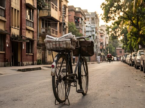 Newspaper delivery bicycle on a city street