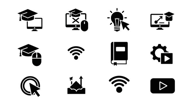 Online Education Icons Set: Graduation Cap, Computer, Lightbulb, Book, Wi-Fi, Gear