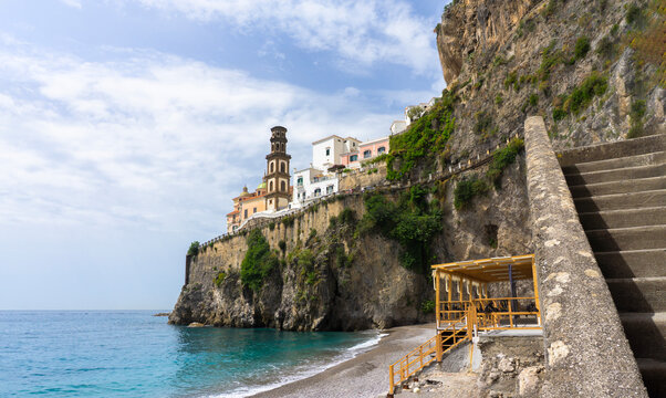 Atrani - Amalfi coast - facade of baroque church Chiesa di Santa Maria Maddalena and Lido di Ravello beach