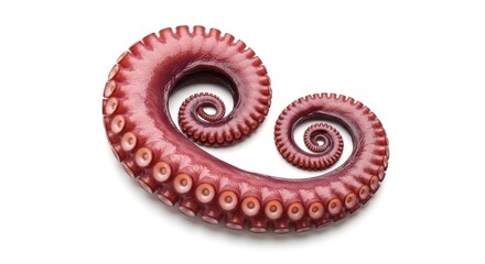 Fototapeta premium Cooked Octopus Tentacle Curled in Double Spiral Shape Isolated on White Background for Culinary and Seafood Design