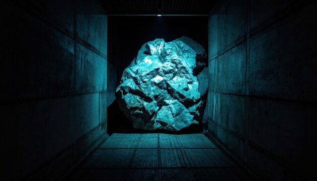 Massive chunk of rough uranium ore exhibiting natural radioactive glow in a dark, illuminated chamber.