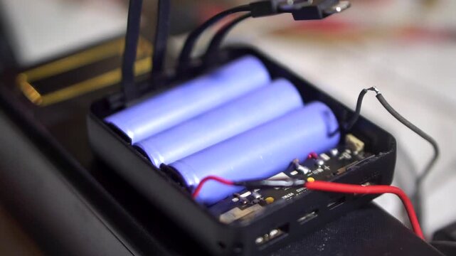 Close up of a 3 cell rechargeable 18650 lithium battery in a modern electronic circuit.