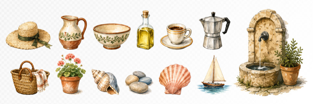 Rustic Mediterranean watercolor clipart collection with straw hat, ceramic jug, olive oil, espresso cup, moka pot, basket, shells, sailboat and stone fountain.