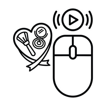 Minimalist beauty blog icon, computer mouse with play button and makeup heart, online cosmetics tutorial vector, digital skincare shopping symbol