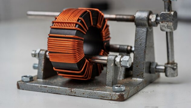 Medium frame capturing commonmode toroidal inductor core with enamel wire coils arranged on a manual winding fixture highlighting craftsmanship.