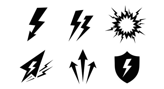 Set of Black Lightning Bolt Icons and Symbols