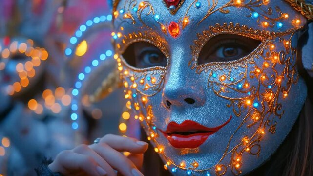 Vibrant carnival mask, an opulent facial adornment featuring intricate golden patterns and sparkling blue, orange lights. Mysterious masquerade event attendee embodies elegant celebration.