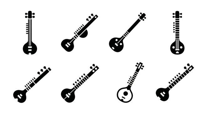 Sitar Musical Instrument Icons Set - Traditional Indian Stringed Instrument Collection