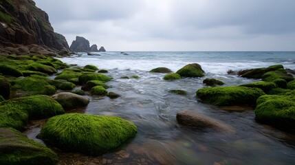 Obraz premium Dramatic coastal landscape featuring rugged sea stacks and cliffs under a moody overcast sky