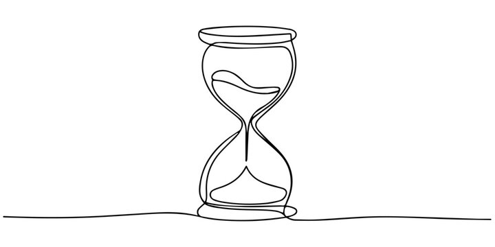 Minimalist hourglass sand timer continuous one line illustration.Elegant hourglass symbol continuous line artwork on white background, One continuous line drawing of hourglass timer. Sand glass timer