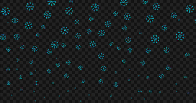 Falling blue snowflakes pattern on dark transparent background, winter snow overlay effect vector illustration, christmas holiday festive graphic element.