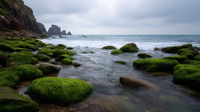 Dramatic coastal landscape featuring rugged sea stacks and cliffs under a moody overcast sky