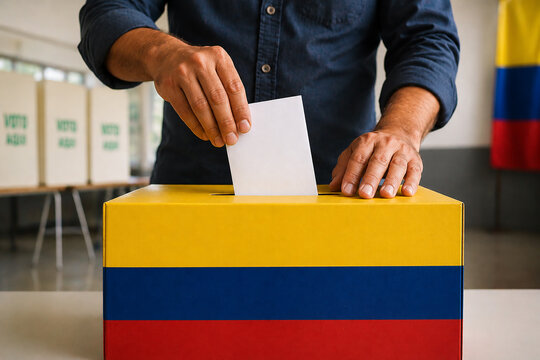Hombre depositando papeleta en urna electoral tricolor
