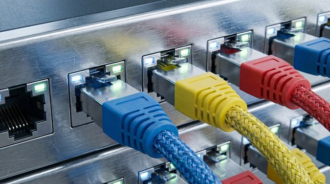 A close-up of colorful ethernet cables plugged into a network switch panel, symbolizing data centers and cloud computing