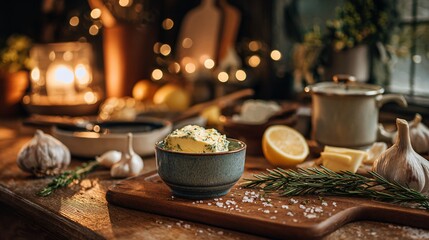 Fototapeta premium A cozy kitchen scene with compound butter in a small dish next to cooking ingredients under warm lighting