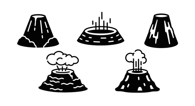Volcano Icons: Eruption, Crater, Lava Flow, Smoke, Mountain