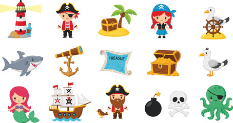 Fototapeta premium Cute Pirate and Mermaid Ocean Adventure Icons Set with Sailing Ship, Captain Characters, Lighthouse, Treasure Chest, Map, Shark, and Seagulls for Kids Designs