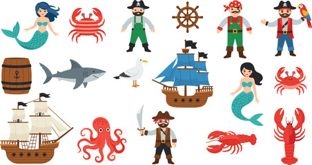 Cute Pirate and Mermaid Ocean Adventure Set with Cartoon Sailing Ships, Crew Characters, Shark, Octopus, Lobsters, and Marine Life for Children Patterns © Mithunkumar