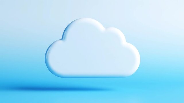 Slow motion tracking shot of glossy spheres merging and forming cloud icon above blue minimal studio background with soft shadow reflective surface