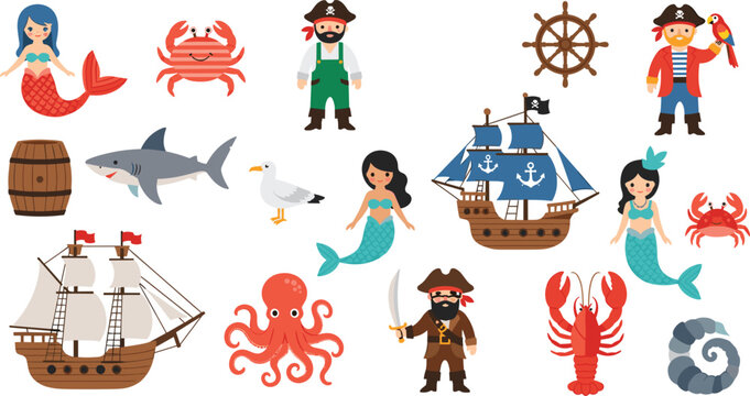 Cute Pirate and Mermaid Adventure Set with Cartoon Sailing Ships, Captain Characters, Shark, Octopus, Crab, and Ocean Creatures for Children Designs