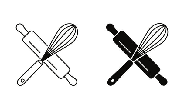 Cooking and baking utensils icon set featuring whisk and rolling pin, culinary