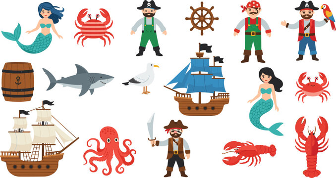 Cute Pirate and Mermaid Ocean Adventure Set with Cartoon Sailing Ships, Crew Characters, Shark, Octopus, Lobsters, and Marine Life for Children Patterns