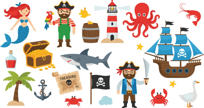 Flat Pirate and Mermaid Ocean Adventure Set with Cartoon Sailing Ship, Captain Characters, Lighthouse, Treasure Chest, Map, and Marine Animals for Children Designs