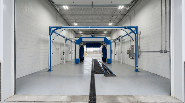 Modern Automated Car Wash Interior | Professional Vehicle Cleaning Service Station | Empty High-Tech Auto Wash Bay with Blue Brushes | Industrial Car Care Facility and Equipment Maintenance