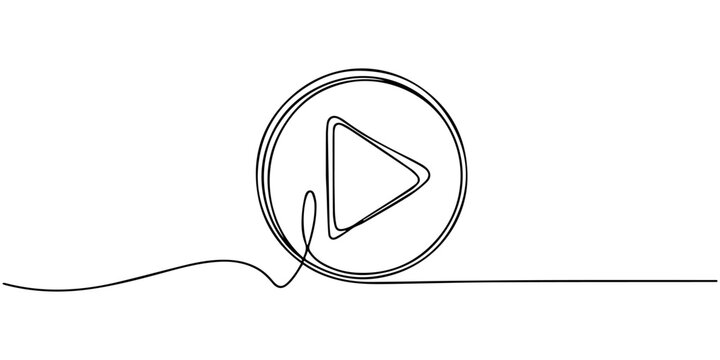 Continuous One Line Drawing of Play Button Icon Minimalist Media Start Symbol, One continuous line drawing of Play button. Icon of start and pause playing music video and voice message in simple line