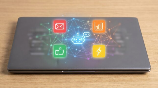 AI Chatbot Customer Service Automation Concept: Laptop with Holographic Network and Vibrant Application Icons