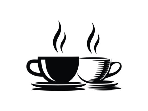Two steaming hot coffee or tea cups on saucers vector graphic art with beverage