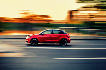 Fototapeta premium Red car driving fast with motion blur at sunset