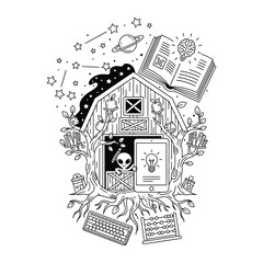 Surreal education line art illustration, cosmic learning concept with alien and barn, creative knowledge vector art © FATEMA