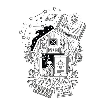 Surreal education line art illustration, cosmic learning concept with alien and barn, creative knowledge vector art