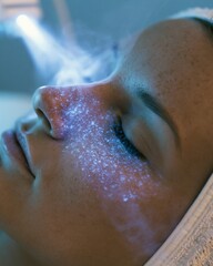 Naklejka premium Close medium view capturing detailed glowing hydration particles on skin amidst soft diffused mist from a medicalbeauty device set in a minimalist aquatoned spa environment.