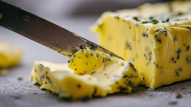 A macro shot of butter being spread with a knife, showing smooth texture and herb flecks