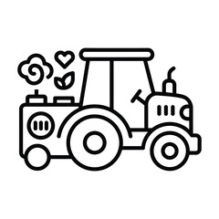 Fototapeta premium Minimalist farm tractor line icon, eco-friendly agricultural machinery vector, organic farming equipment with heart and leaf symbols