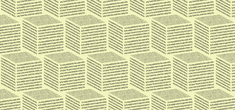 Seamless pattern with 3d cubes covered in lorem ipsum placeholder text, repeating geometric background design with isometric perspective, abstract digital illustration