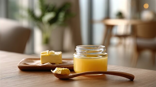Background photo for ghee advertising. In the foreground on the right is a jar of bright golden ghee, next to it is a wooden spoon and a piece of butter. 