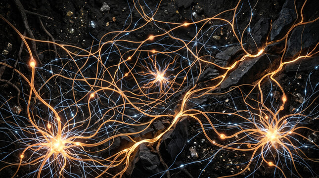 Glowing orange and blue neural network connections on dark background with rocks and soil