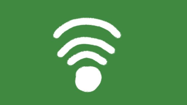 Chalk wifi symbol on green screen background with hand-drawn textured wireless internet icon cartoon animation for wireless connection and digital connectivity concept.