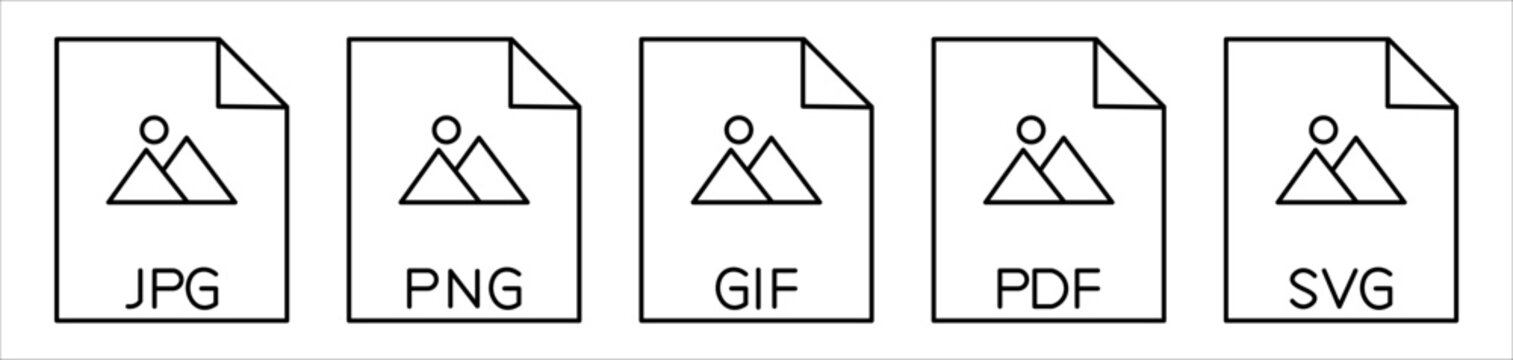 File format icon. JPG, PNG, GIF, PDF, and SVG file document icons. simple flat line vector