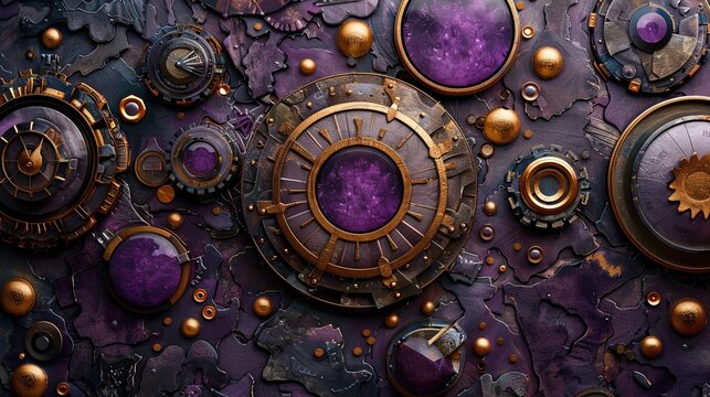 backgrounds of The critical points of a nonlinear function, dark purple and gold small metal shapes, steampunk style