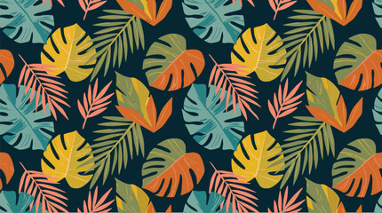Vibrant seamless tropical pattern with exotic monstera and palm leaves in a rich color palette, ideal for textile prints, wallpapers, and summer-themed digital designs © Pronob Kumar Ray