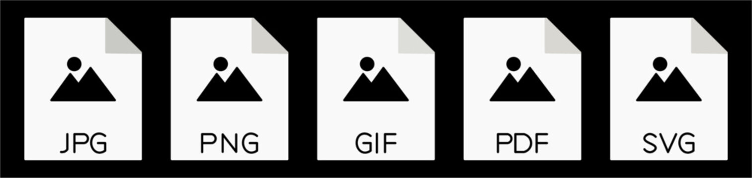 File format icons. JPG, PNG, GIF, PDF, and SVG file document icons. With a black background. Simple flat vector.