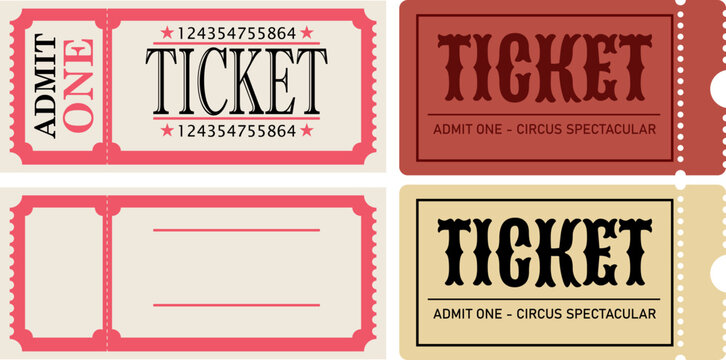 Set of vintage style admit one circus tickets with different colors and designs