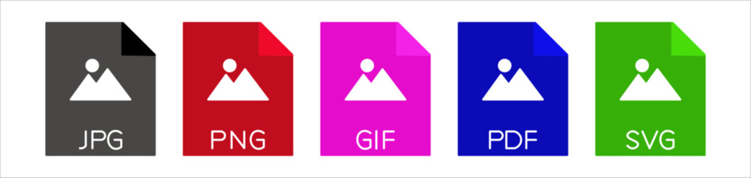 File format icon. JPG, PNG, GIF, PDF, and SVG file document icons. simple flat colored vector